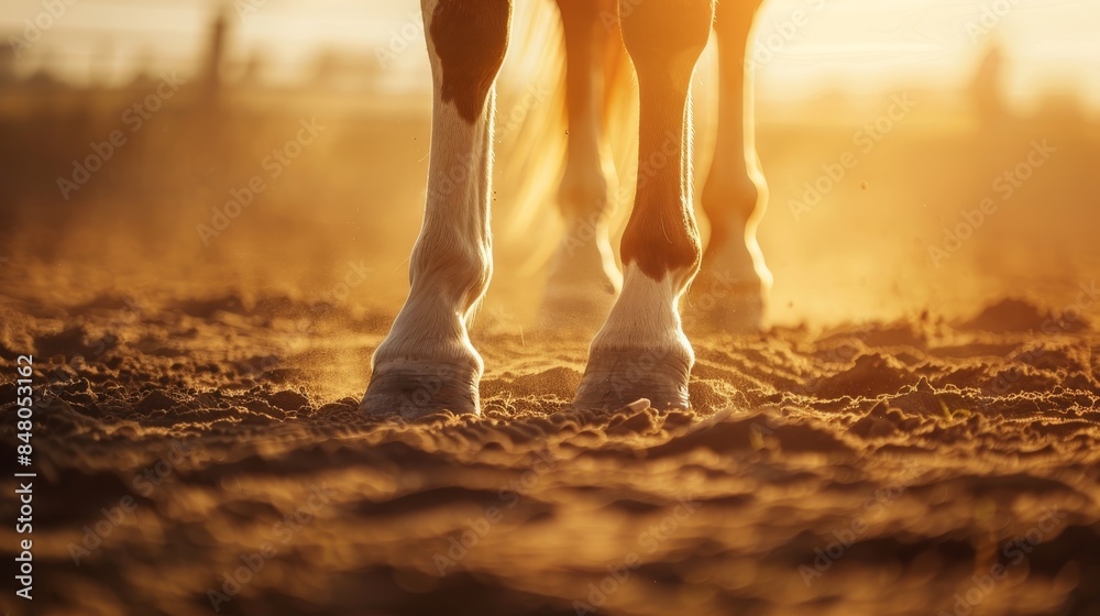 Close-up of horse hooves on sandy ground in golden sunlight, capturing the essence of equestrian life and serene rural landscapes. Close-up of horse hooves on sandy ground in golden sunlight, capturing the essence of equestrian life and serene rural landscapes.