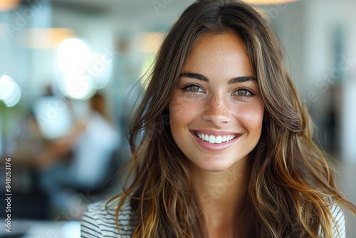 Bright-eyed young woman with natural makeup and freckles offers a radiant, sincere smile