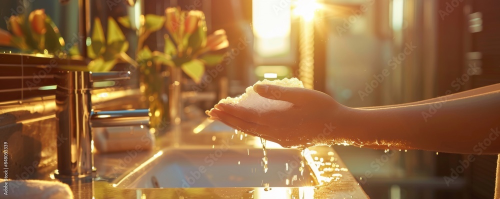 Obraz premium Washing hands in the sink with flowing water in light bathroom, antibacterial concept banner. Generative AI.