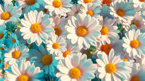 Daisies in a field with yellow centers.