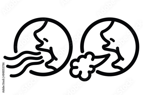 Yawn, burp, breathe, or sigh icon sign illustration with black outline isolated on white horizontal background. Simple flat cartoon inhale exhale art styled drawing.