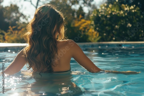 A woman sits in a pool with her back to the camera, looking relaxed © Fotograf