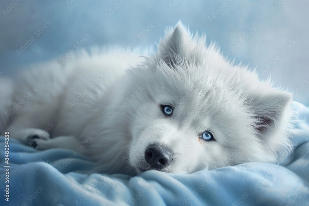 A white dog lying comfortably on a blue blanket