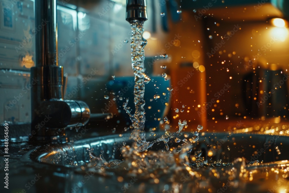 Sink with flowing clear water in bathroom. Generative AI. Sink with flowing clear water in bathroom. Generative AI.