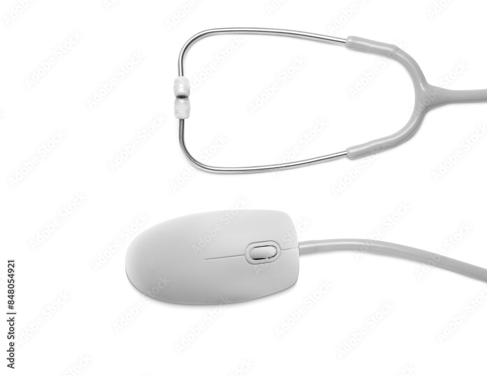 Stethoscope with computer mouse isolated on white, top view. Online medicine Stethoscope with computer mouse isolated on white, top view. Online medicine