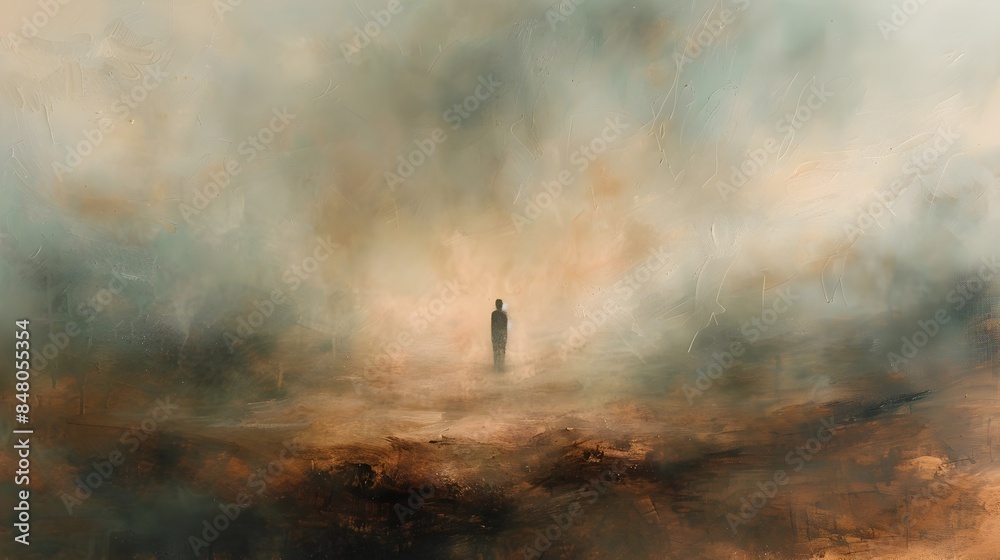 Obraz premium Solitary figure standing amidst a dreamlike,surreal landscape,lost in thoughtful contemplation,subtle ethereal hues and soft,textured brushstrokes creating a sense of introspection and quiet solace.