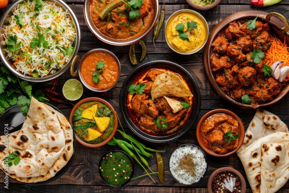 Assorted indian food on dark wooden background. 