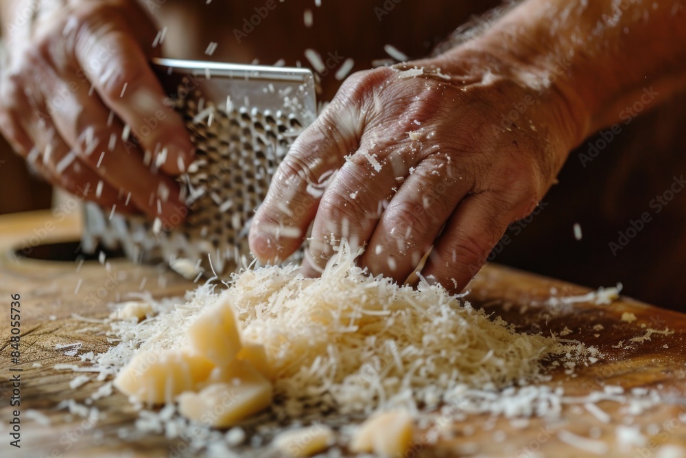 A person is grating cheese with a grater, useful for food or cooking images
