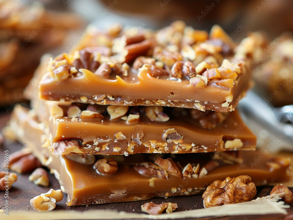 Layers of creamy caramel and crunchy nuts in a homemade classic toffee Layers of creamy caramel and crunchy nuts in a homemade classic toffee