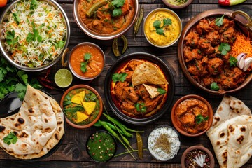 Assorted indian food on dark wooden background. 