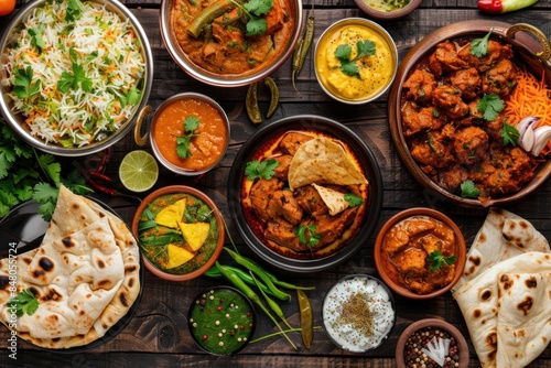 Assorted indian food on dark wooden background. 