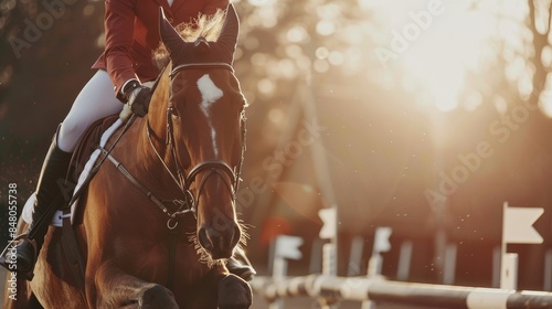 Equestrian rider on a jumping horse during a competition at sunset, with blurred background providing a vibrant and dynamic scene. photo
