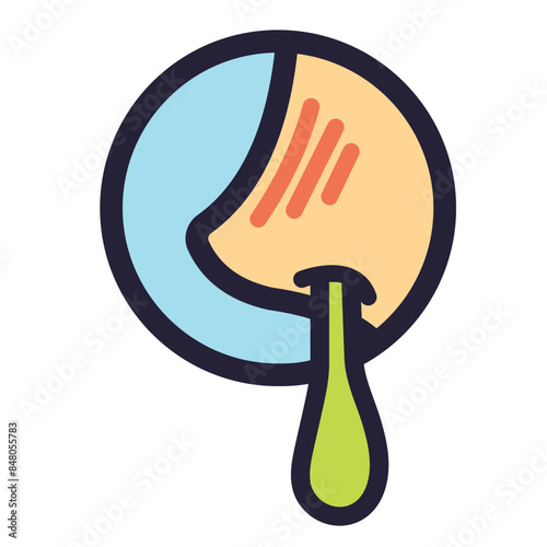 Colored green snot from nose when having flu sickness icon illustration with black outline isolated on square white background. Simple flat nose booger illness mucus cartoon art styled drawing.