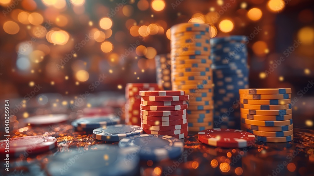 Close-up of colorful poker chips stacked in a casino setting with warm bokeh lights in the background, creating a vibrant gambling atmosphere. Close-up of colorful poker chips stacked in a casino setting with warm bokeh lights in the background, creating a vibrant gambling atmosphere.