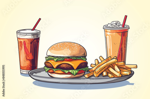 A hamburger, french fries and drink on a plate digital drawing flat illustration isolated on a white background