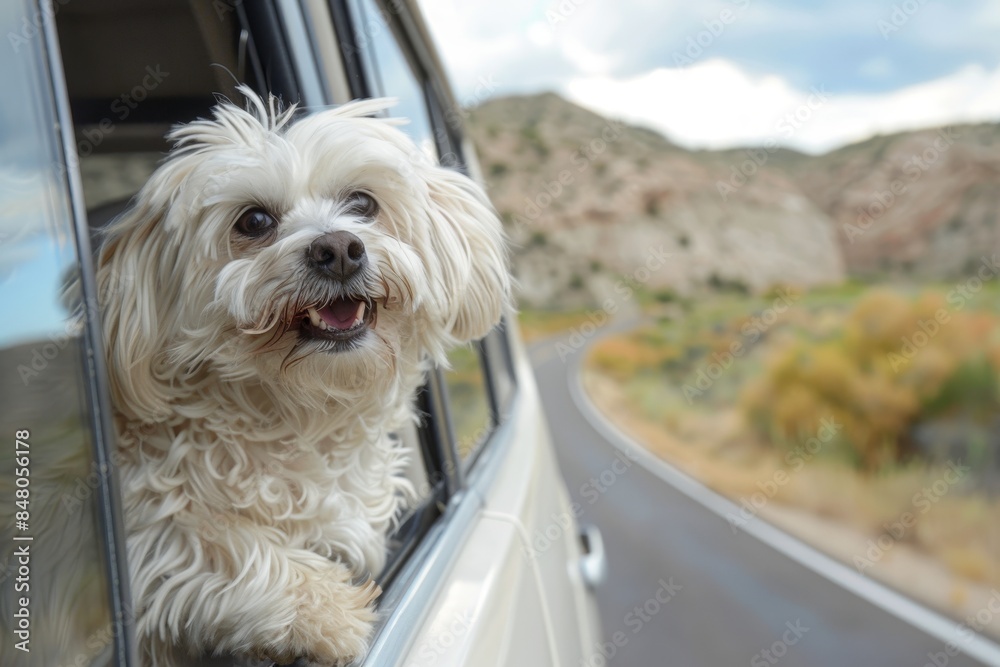 Happy dog enjoying a scenic road trip with its head out the car window, capturing the joy and freedom of travel. Happy dog enjoying a scenic road trip with its head out the car window, capturing the joy and freedom of travel.