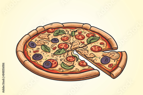 Hand drawn cartoon chopped italian pizza illustration, digital drawing flat illustration isolated on a white background