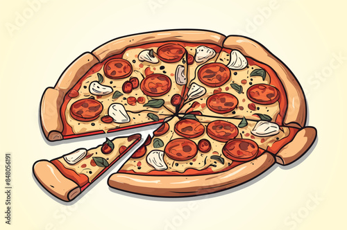 Hand drawn cartoon chopped italian pizza illustration, digital drawing flat illustration isolated on a white background