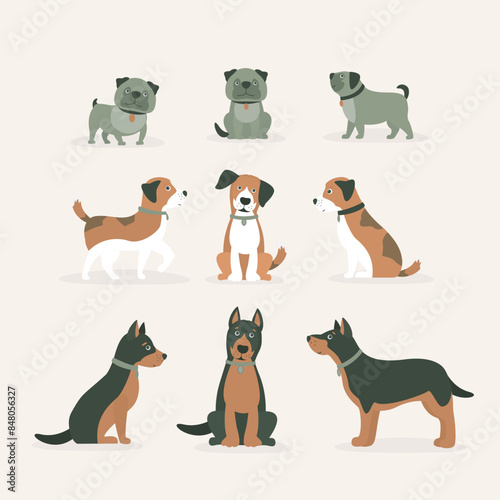 Collection of cartoon character dog in different poses. Bulldog and mongrel dog. Set of cute pet doggy in the flat style. Breed and No breed dogs. Adorable domestic pet