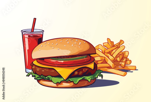 A hamburger, french fries and a drink on a plate digital drawing flat illustration isolated on a white background