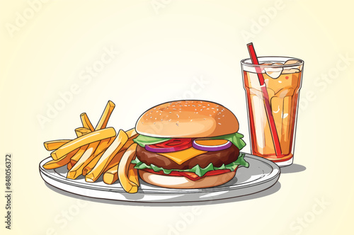 A hamburger, french fries and a drink on a plate digital drawing flat illustration isolated on a white background