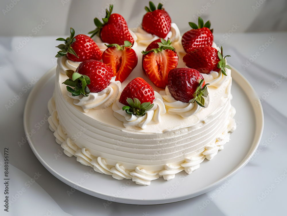 A white cake with strawberries on top. A white cake with strawberries on top.