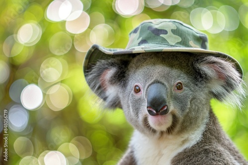 A close-up portrait photo of a cute koala wearing a hat, against a bokeh blurred background.  photo