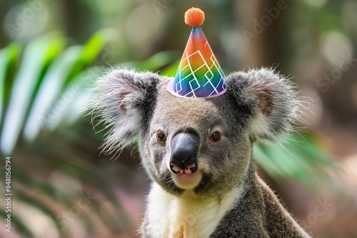 A close-up portrait photo of a cute koala wearing a hat, against a bokeh blurred background.  photo