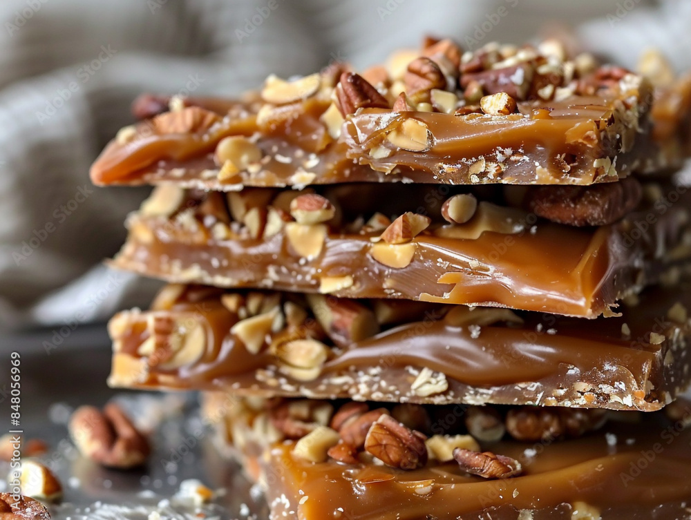 Layers of creamy caramel and crunchy nuts in a homemade classic toffee Layers of creamy caramel and crunchy nuts in a homemade classic toffee