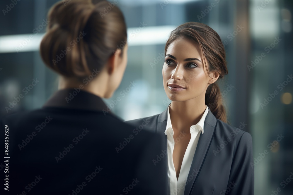 Confident businesswoman looking at female colleague. Confident businesswoman looking at female colleague.