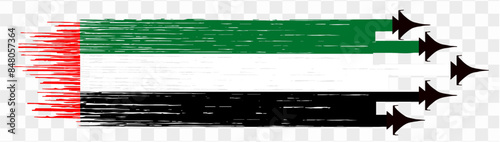 United Arab Emirates or UAE flag with military fighter jets isolated background. vector illustration