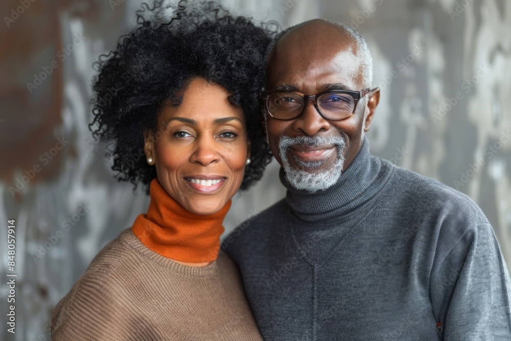 Portrait of a blissful afro-american couple in their 50s wearing a classic turtleneck sweater isolated on empty modern loft background Portrait of a blissful afro-american couple in their 50s wearing a classic turtleneck sweater isolated on empty modern loft background