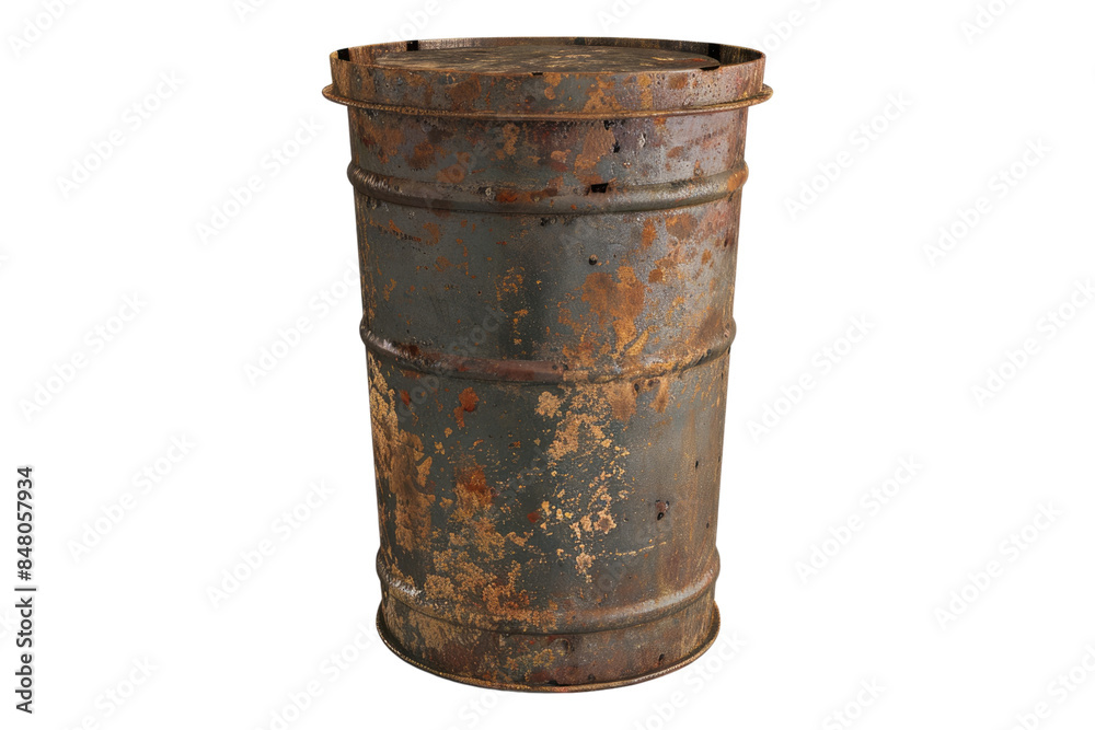 Old rusty metal trash can isolated on transparent background
