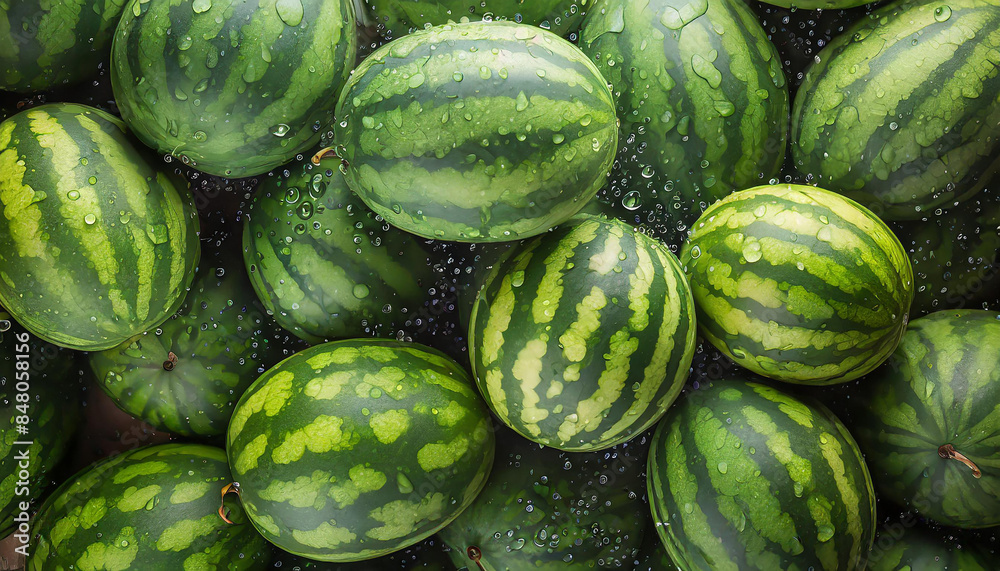 Ripe big watermelons with green striped skin on a counter of market, top view. Organic food Ripe big watermelons with green striped skin on a counter of market, top view. Organic food