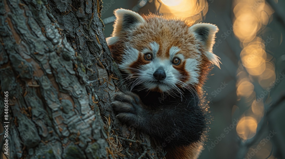Fototapeta premium red panda on a tree at twilight 