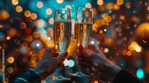 Two hands holding champagne glasses making a toast against a backdrop of sparkling bokeh lights, celebrating an occasion.