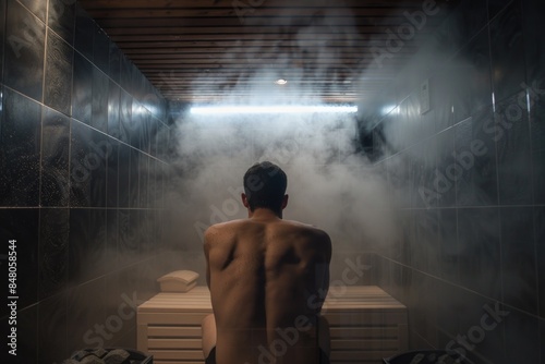 A person in a steam room, surrounded by mist and heat