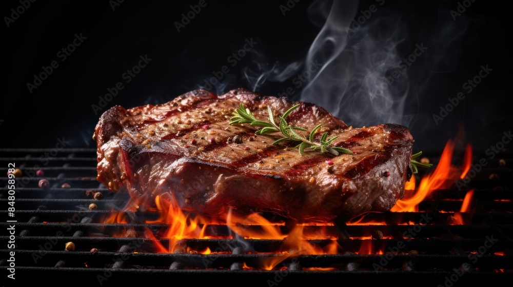 Grilled meat steak on stainless grill depot with flames Grilled meat steak on stainless grill depot with flames
