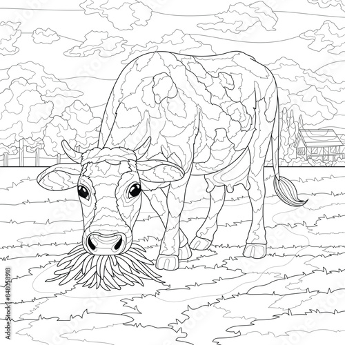 Cow Eating Grass Scenery Outline Vector Illustration. Cow Eating Grass Coloring Page. Animal Coloring Page. Detailed Cow Eating Scenery Vector. 