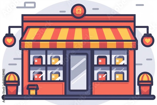 Vector illustration of a colorful small store with a striped awning, showcasing various products in the window display.