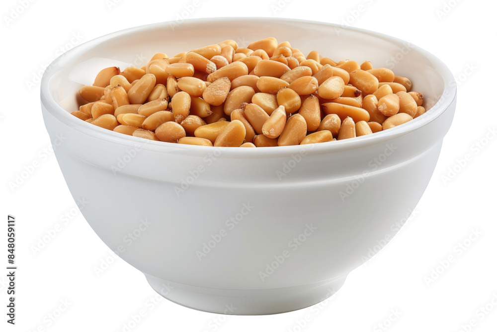White bowl on pine nuts isolated on transparent background White bowl on pine nuts isolated on transparent background