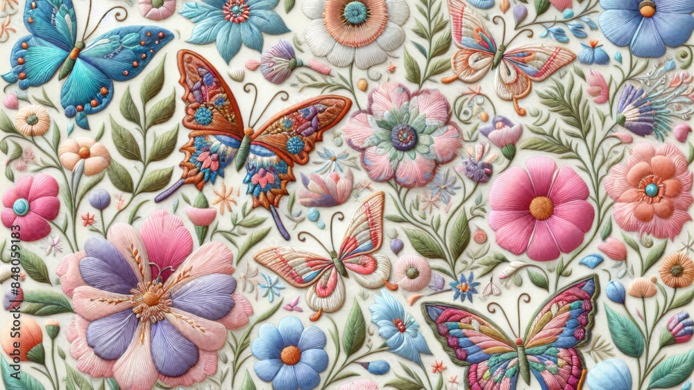 Naklejka premium Whimsical Pastel Floral Embroidery Seamless Patterns With Embroidered Floral Butterflies