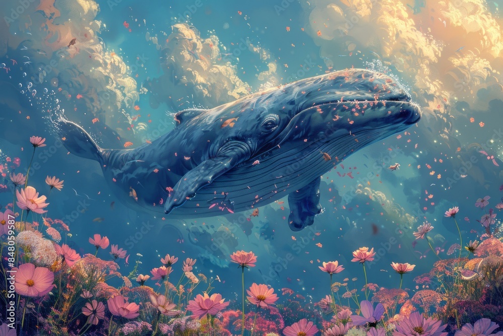 Fototapeta premium Fantasy Blue whale swimming above a Garden, Peaceful wildlife watercolor concept