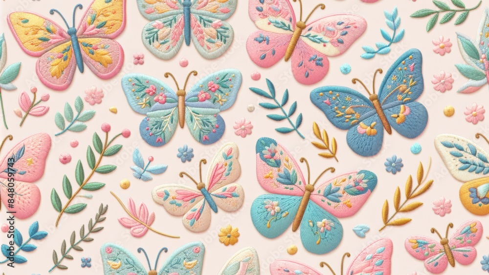 Whimsical Pastel Floral Embroidery Seamless Patterns With Embroidered Floral Butterflies Whimsical Pastel Floral Embroidery Seamless Patterns With Embroidered Floral Butterflies