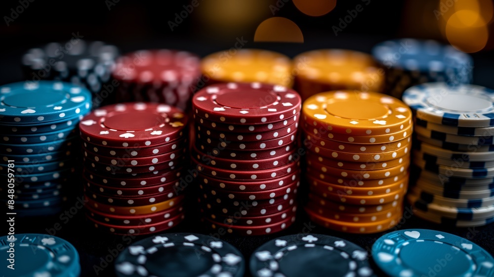 Colorful stacks of poker chips creating a vibrant and inviting gambling atmosphere. Perfect for illustrating casino nights and gaming themes. Colorful stacks of poker chips creating a vibrant and inviting gambling atmosphere. Perfect for illustrating casino nights and gaming themes.