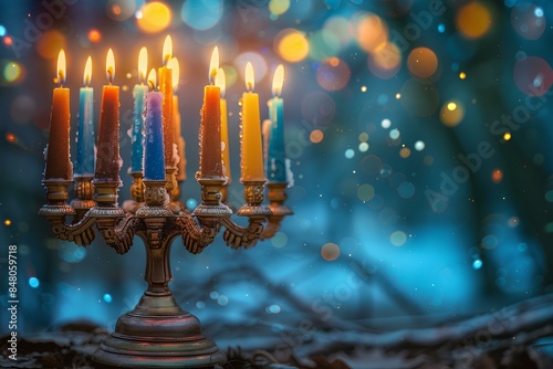 A group of lit candles sitting on top of a table