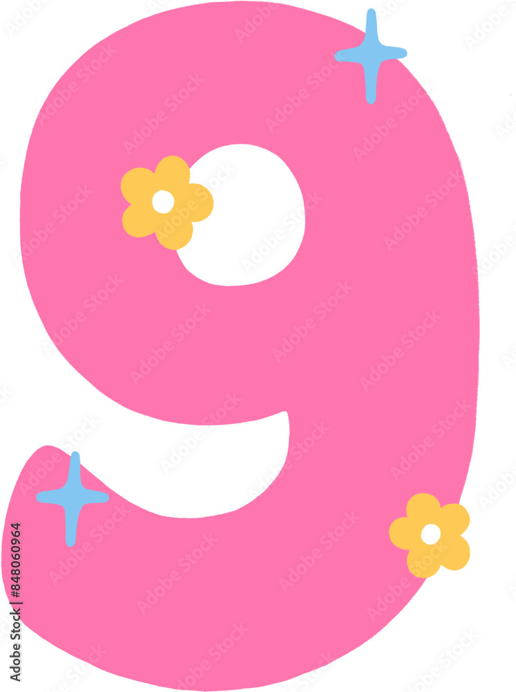 Cute pink flower hand drawn number 9 Cute pink flower hand drawn number 9