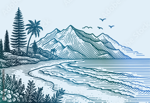 tropical beach landscape with mountains illustration