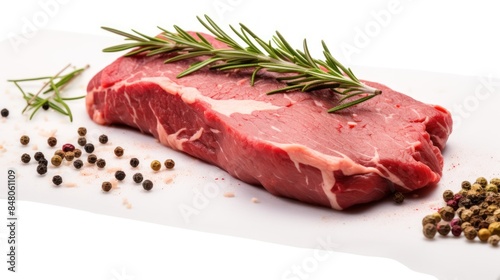 Raw beef steak with rosemary on white background 