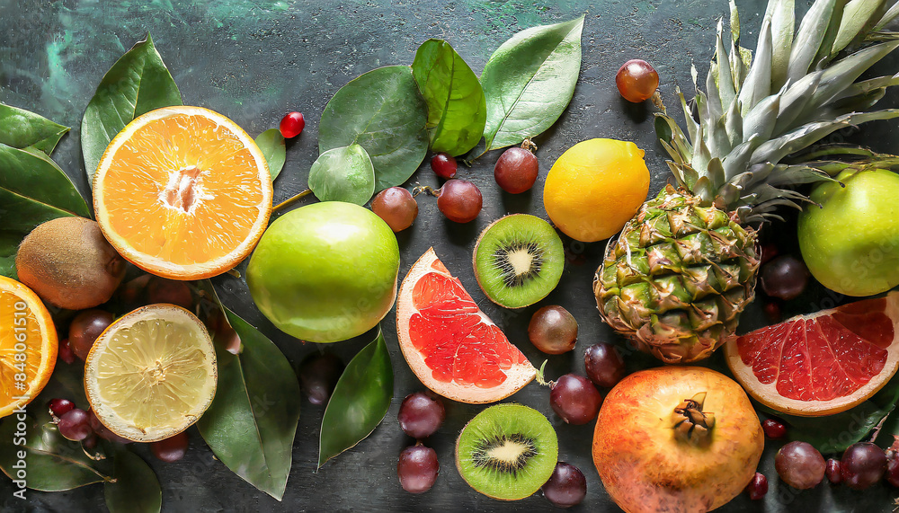 Assorted fresh fruits, berries and leaves top view on dark background Organic natural healthy food Assorted fresh fruits, berries and leaves top view on dark background Organic natural healthy food